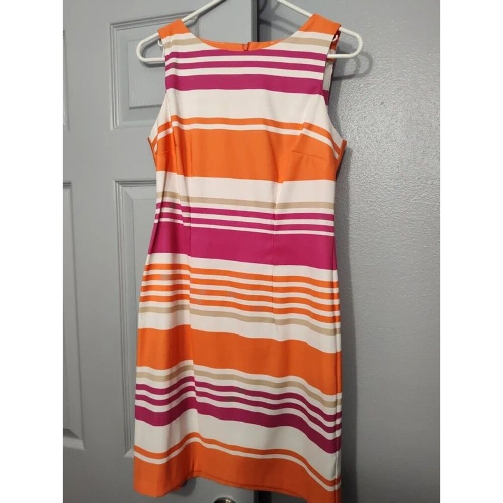AB studio women's formal orange pink white striped office bodycon slim dress 6